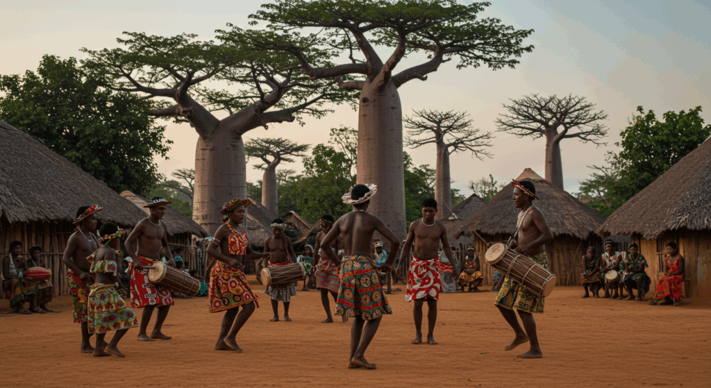 traditional Malagasy dance at dusk in a village
